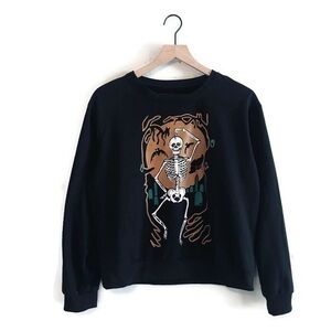 Romwe Dancing Skeleton Crew Pullover Long Sleeve Halloween Sweatshirt Large